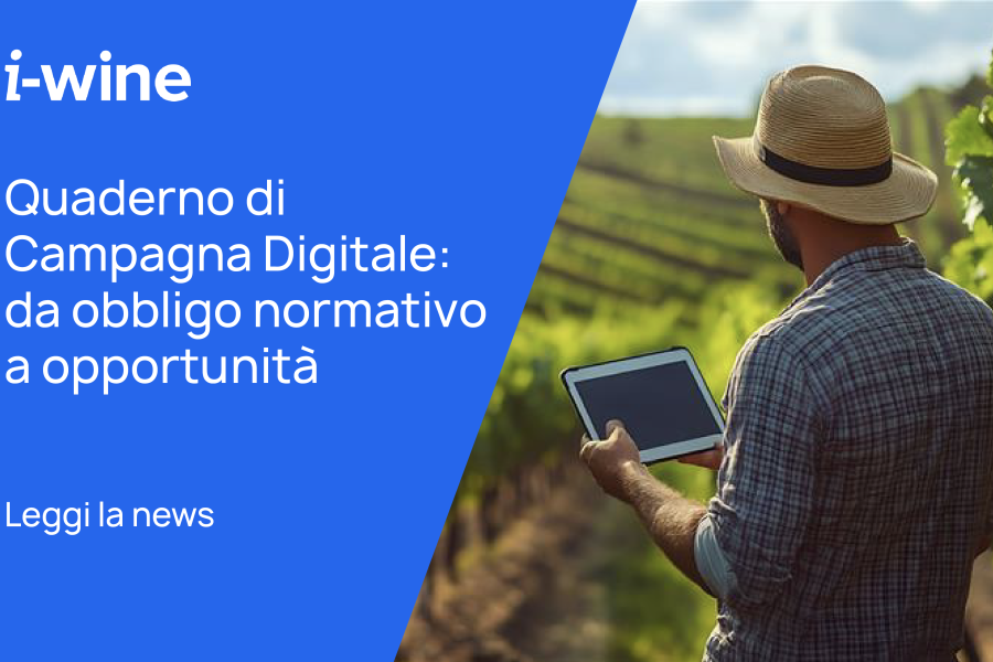 Viticoltore con tablet in vigneto per gestione digitale della campagna e registri telematici